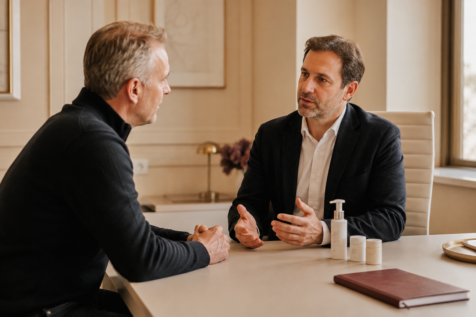 Clinician explaining testosterone replacement options and monitoring to a male patient