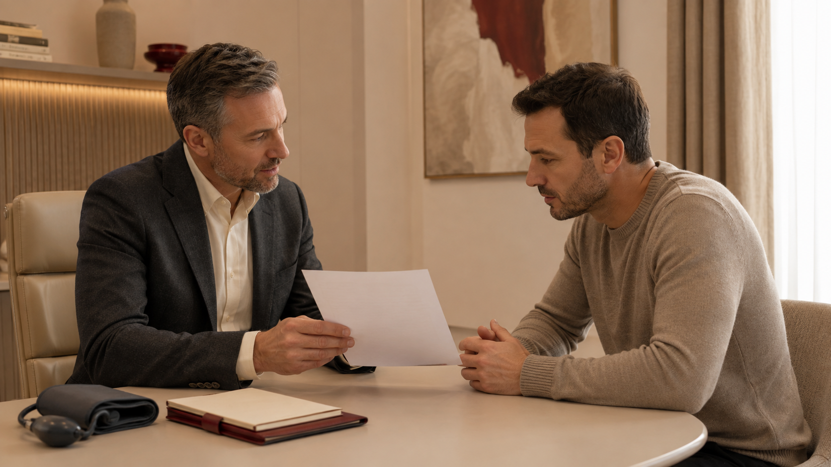 Clinician explaining erectile dysfunction assessment and tests to a male patient