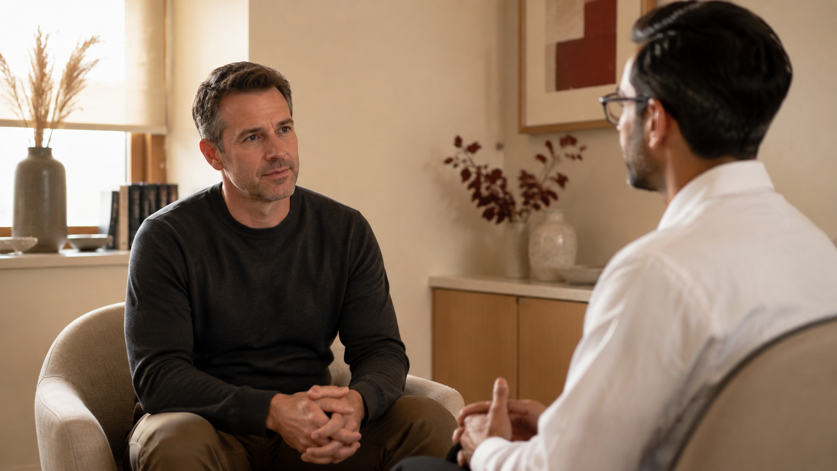 Man discussing erectile dysfunction symptoms and health concerns with a clinician