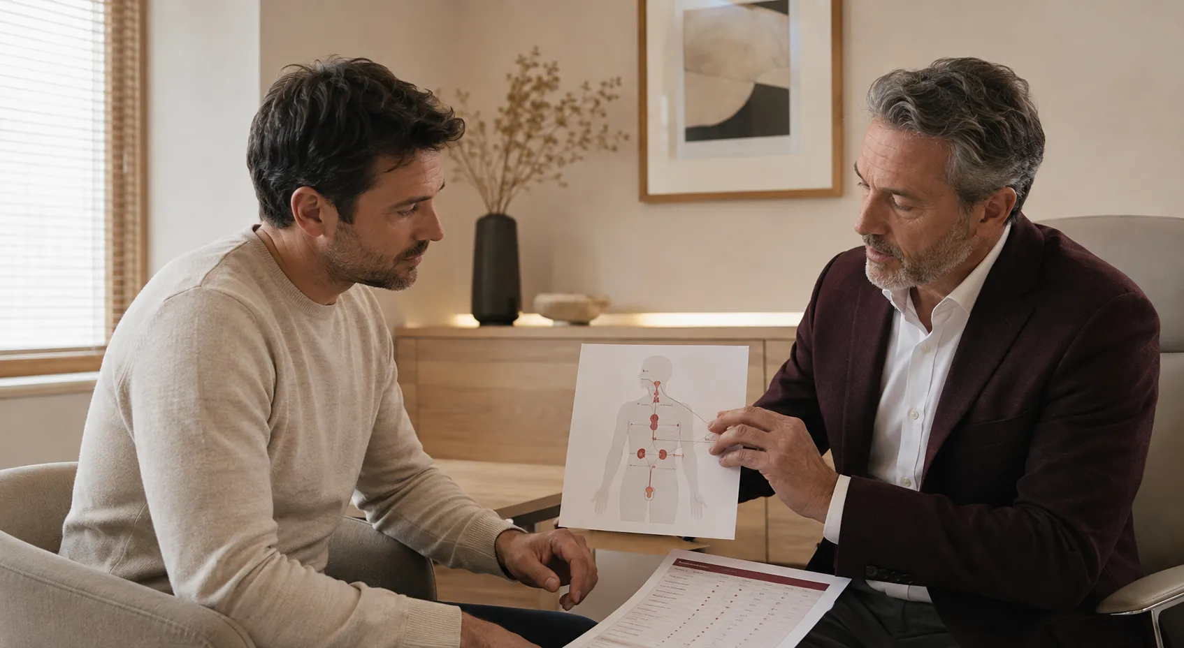 Specialist discussing low testosterone symptoms and blood results with a male patient