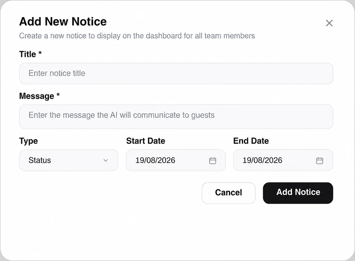 Form to add a new notice with fields for title, message, type, start and end date, plus cancel and add buttons.