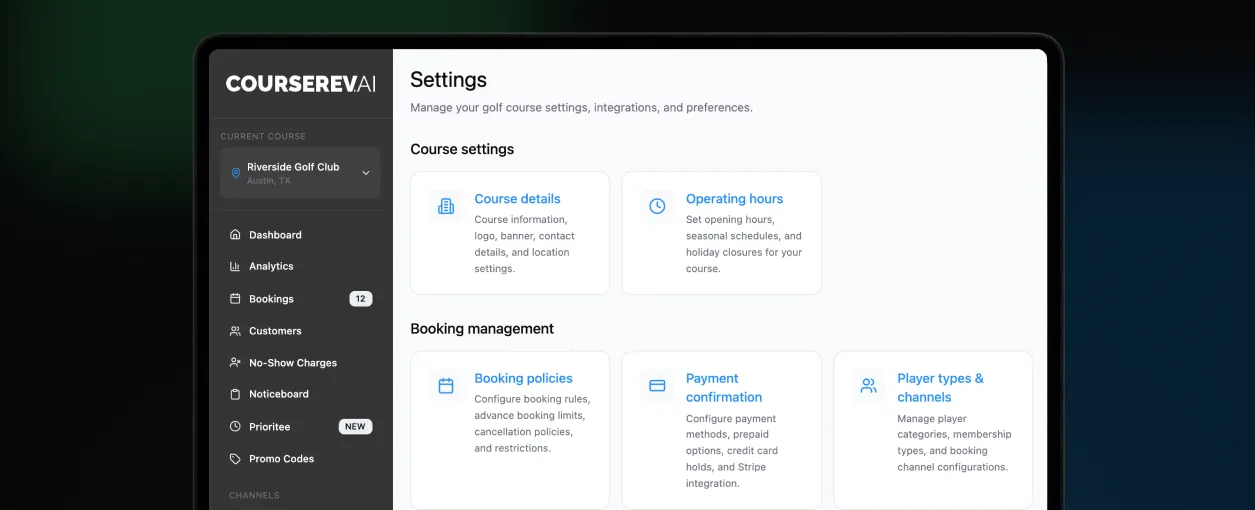 CourseRev AI dashboard showing golf course settings and booking management options for Riverside Golf Club.