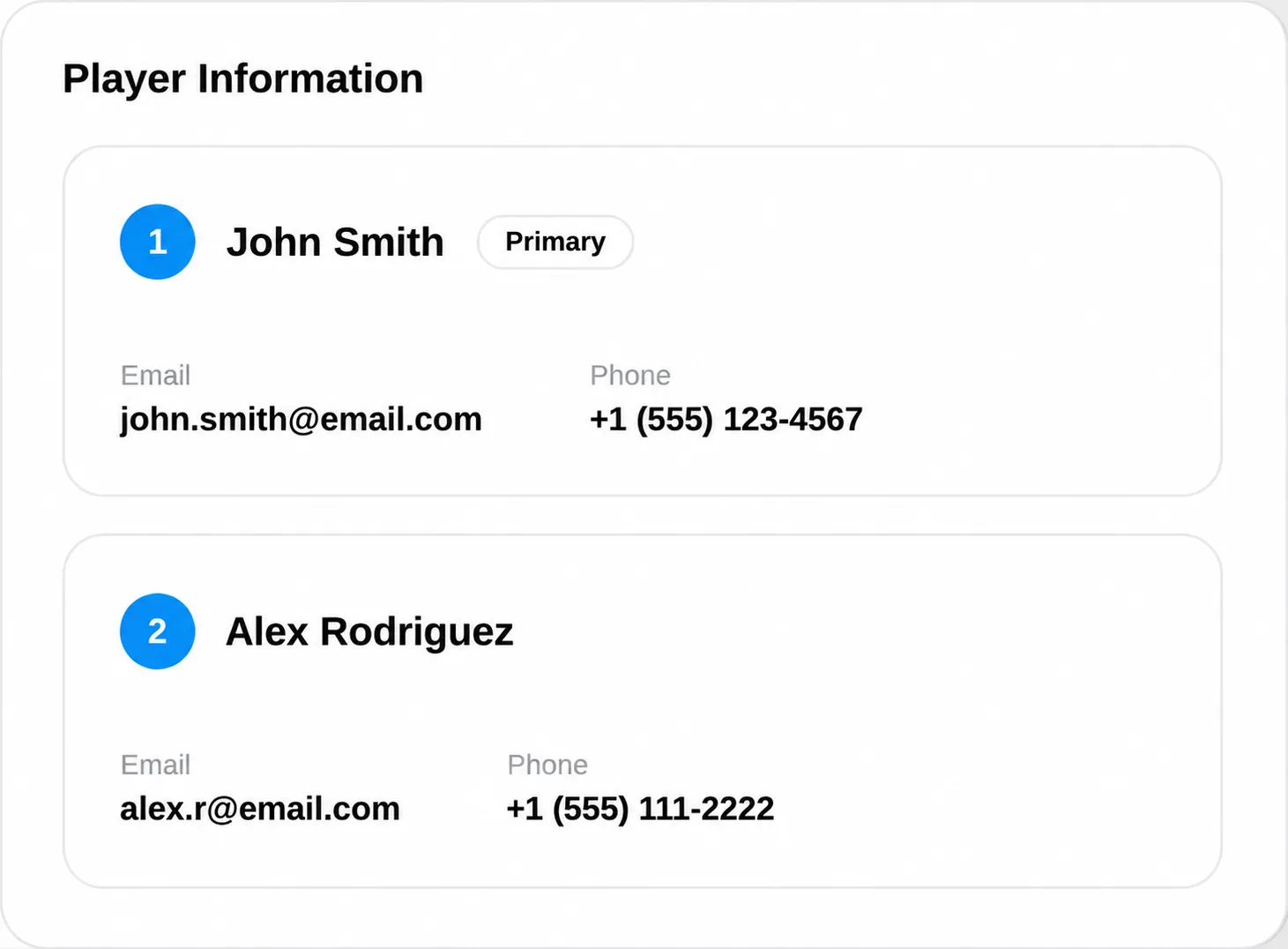 Player info cards for John Smith (primary) and Alex Rodriguez with emails and phone numbers.