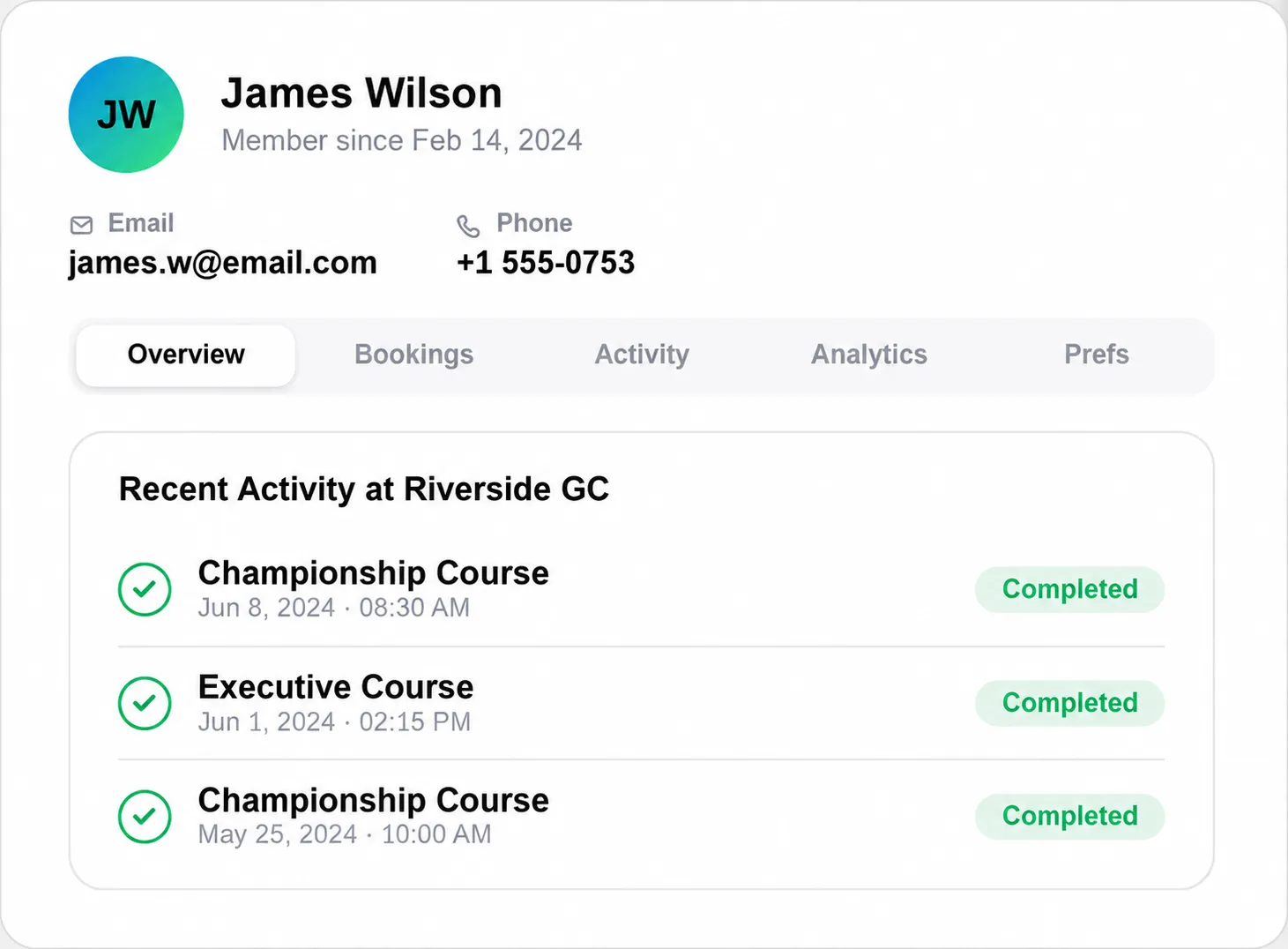 User profile for James Wilson showing email, phone, and completed recent activities at Riverside GC golf courses.