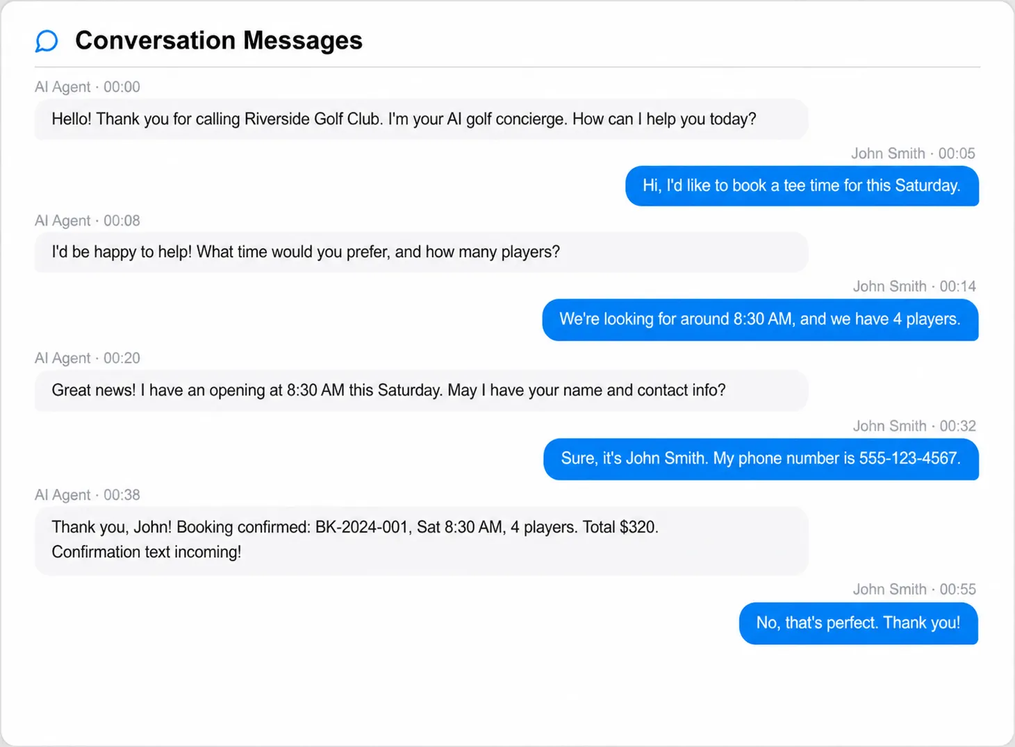 Chat messages booking a tee time for Saturday at 8:30 AM for 4 players at Riverside Golf Club.