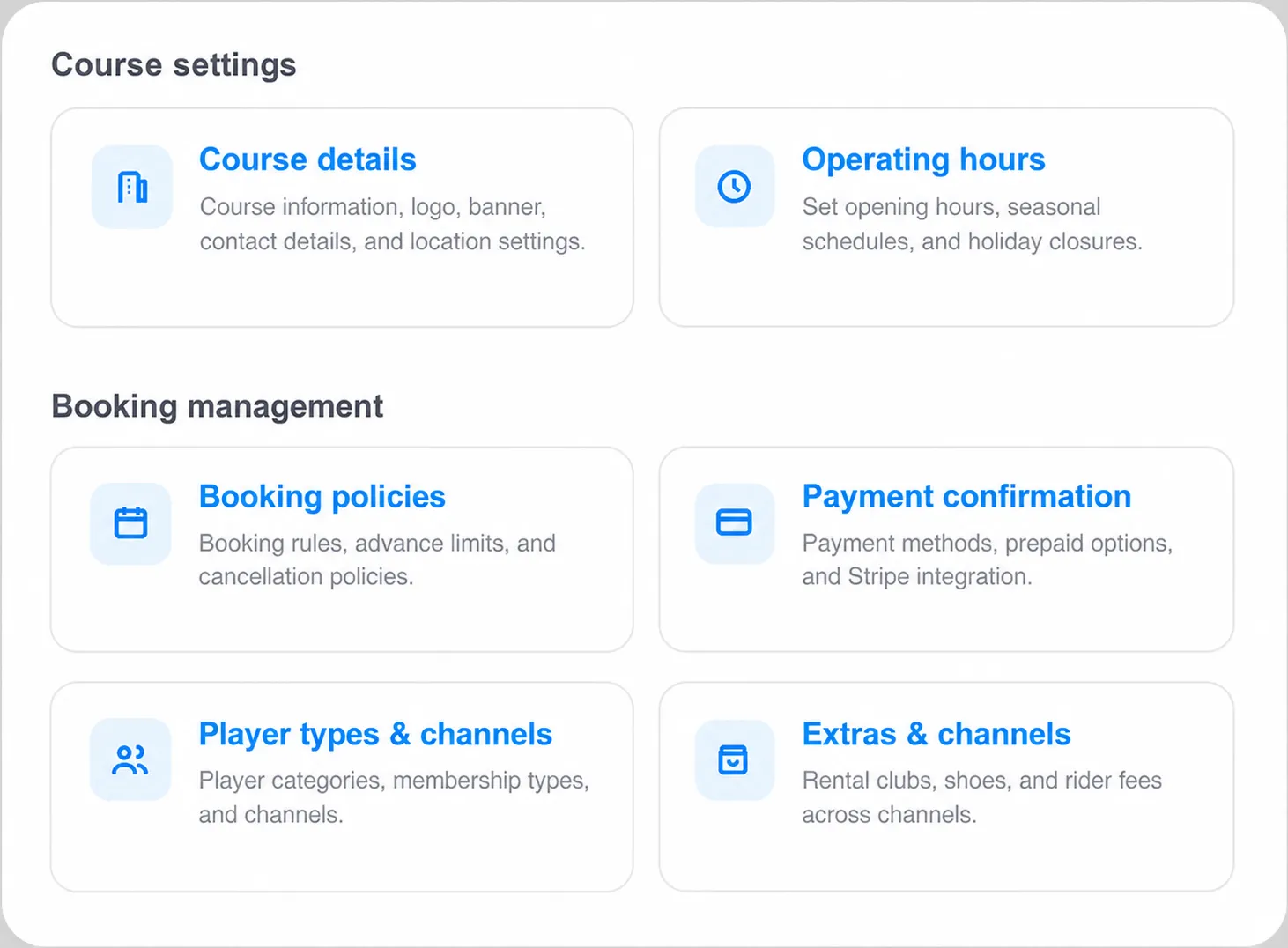 Course settings and booking management options with details, hours, policies, payment, player types, and extras.