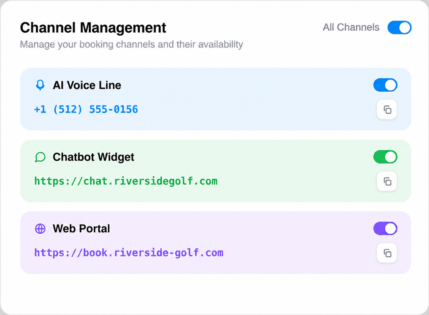 Channel management interface with AI Voice Line, Chatbot Widget, and Web Portal options enabled and active.