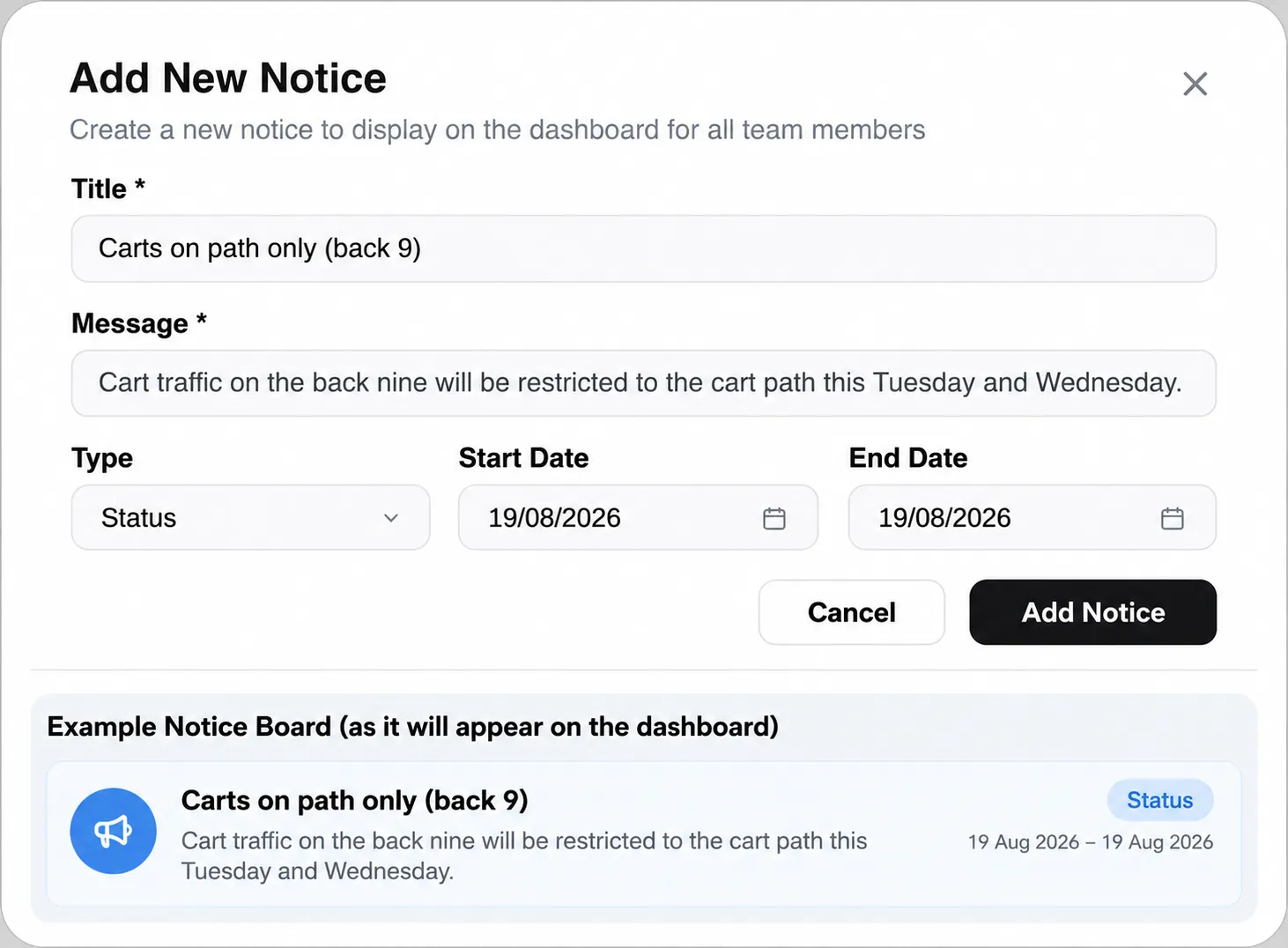 Form to add a new notice with fields for title, message, type, start and end date, plus cancel and add buttons.