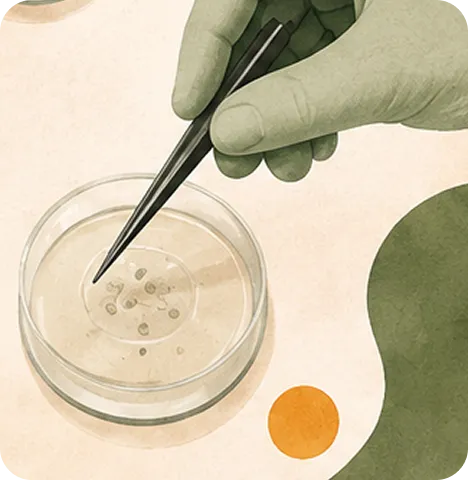 Illustration of an embryologist using fine forceps over a petri dish in the laboratory.
