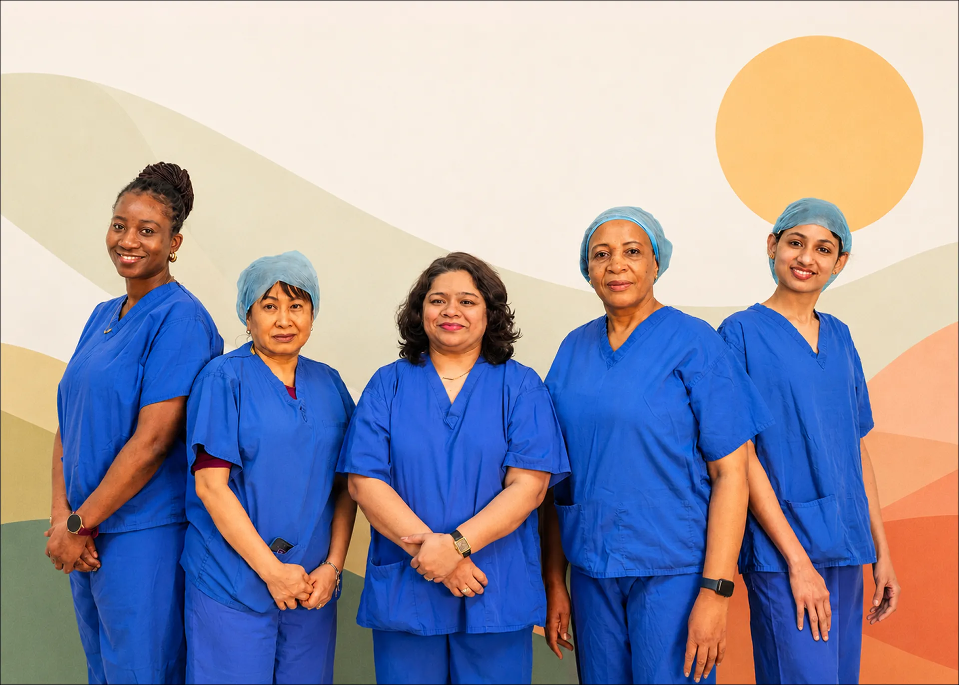 Five members of the Veya clinical team in blue scrubs, standing together in front of the clinic's landscape mural.