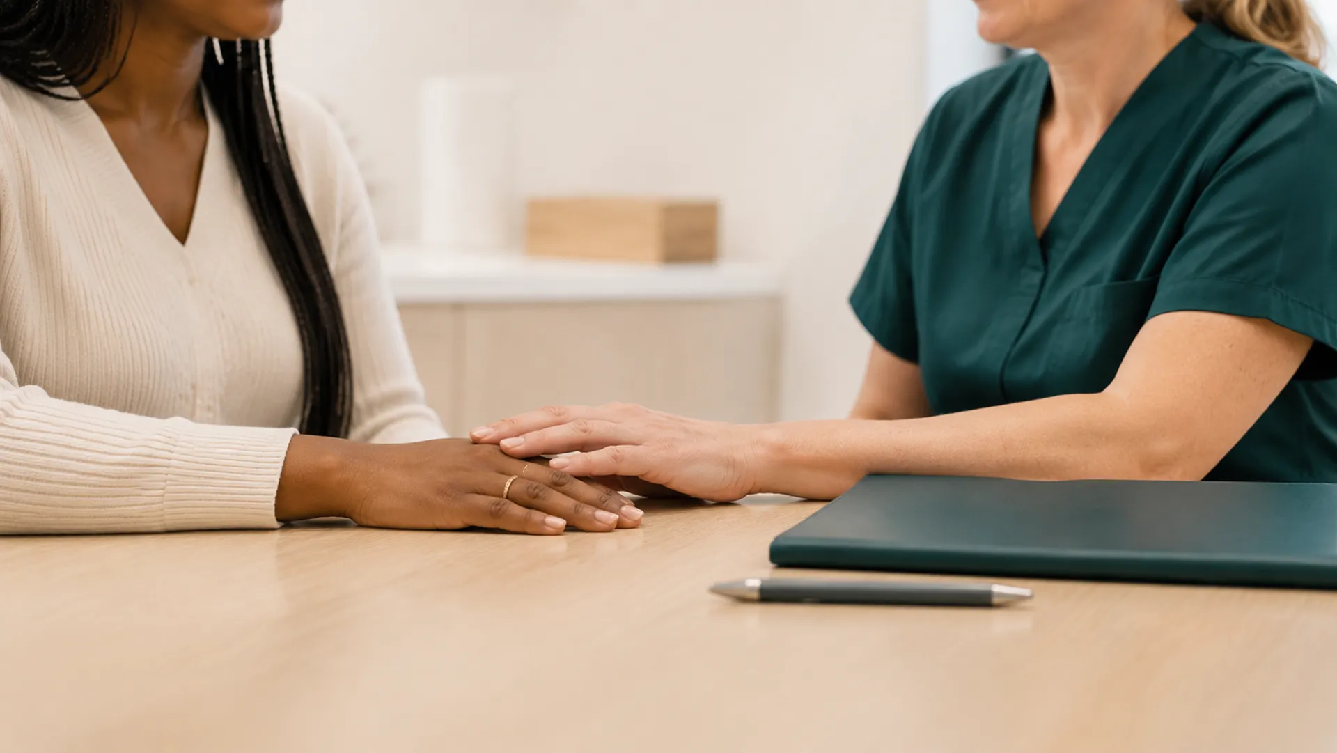 A clinician in scrubs resting a hand on a patient's hands across a consultation table.