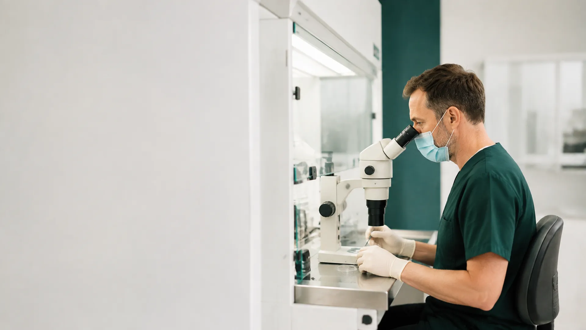 An embryologist in scrubs and a face mask working at a microscope in a fertility laboratory.