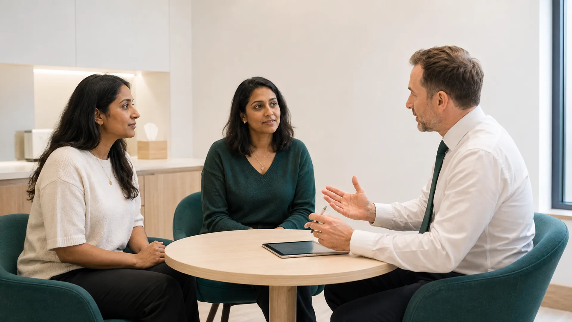 Two women in conversation with a fertility specialist around a small round table.