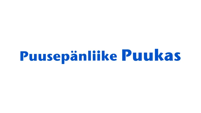 Sininen teksti Puusepänliike Puukas valkoisella taustalla.