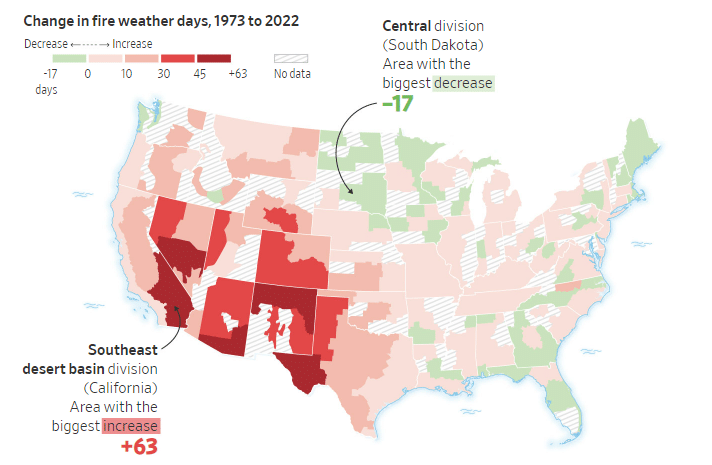 Note: Annual change in average number of fire weather daysSource: Climate CentralCamille Bressange/THE WALL STREET JOURNAL