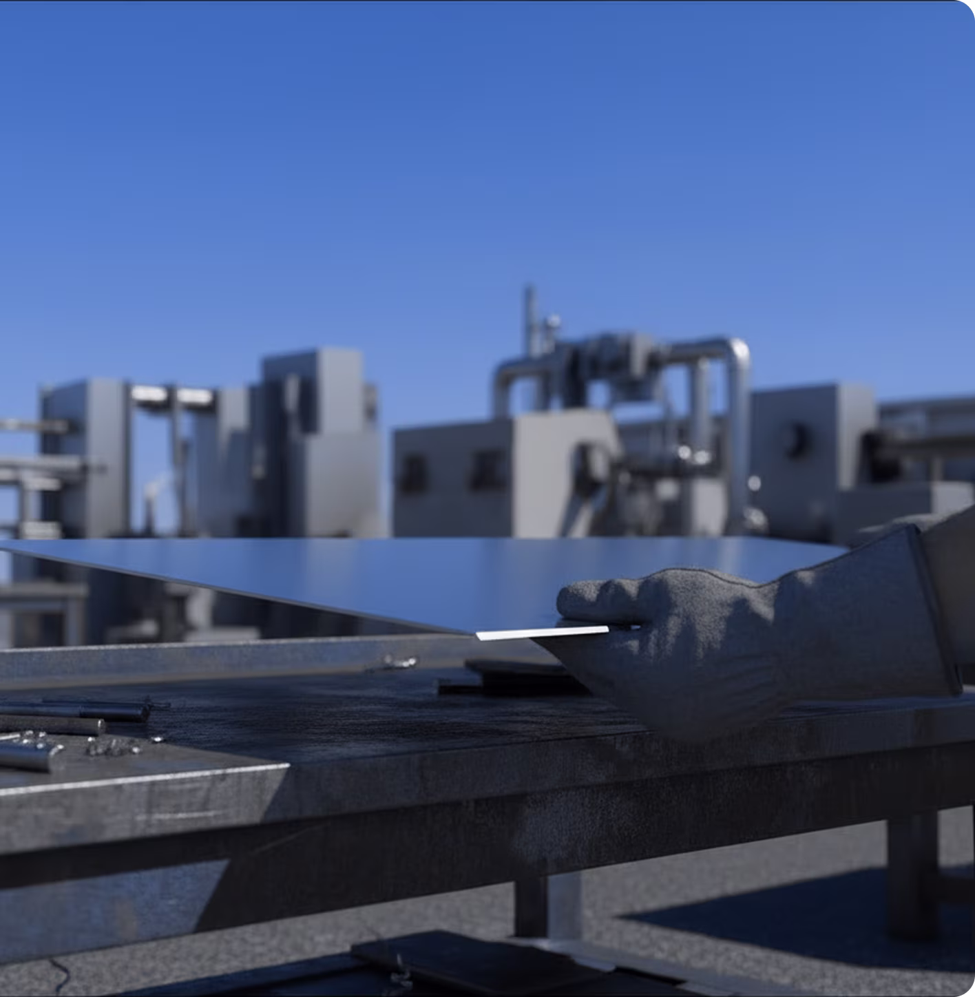 Gloved hand holding a thin, reflective metal sheet over a workshop table with industrial machinery in background.