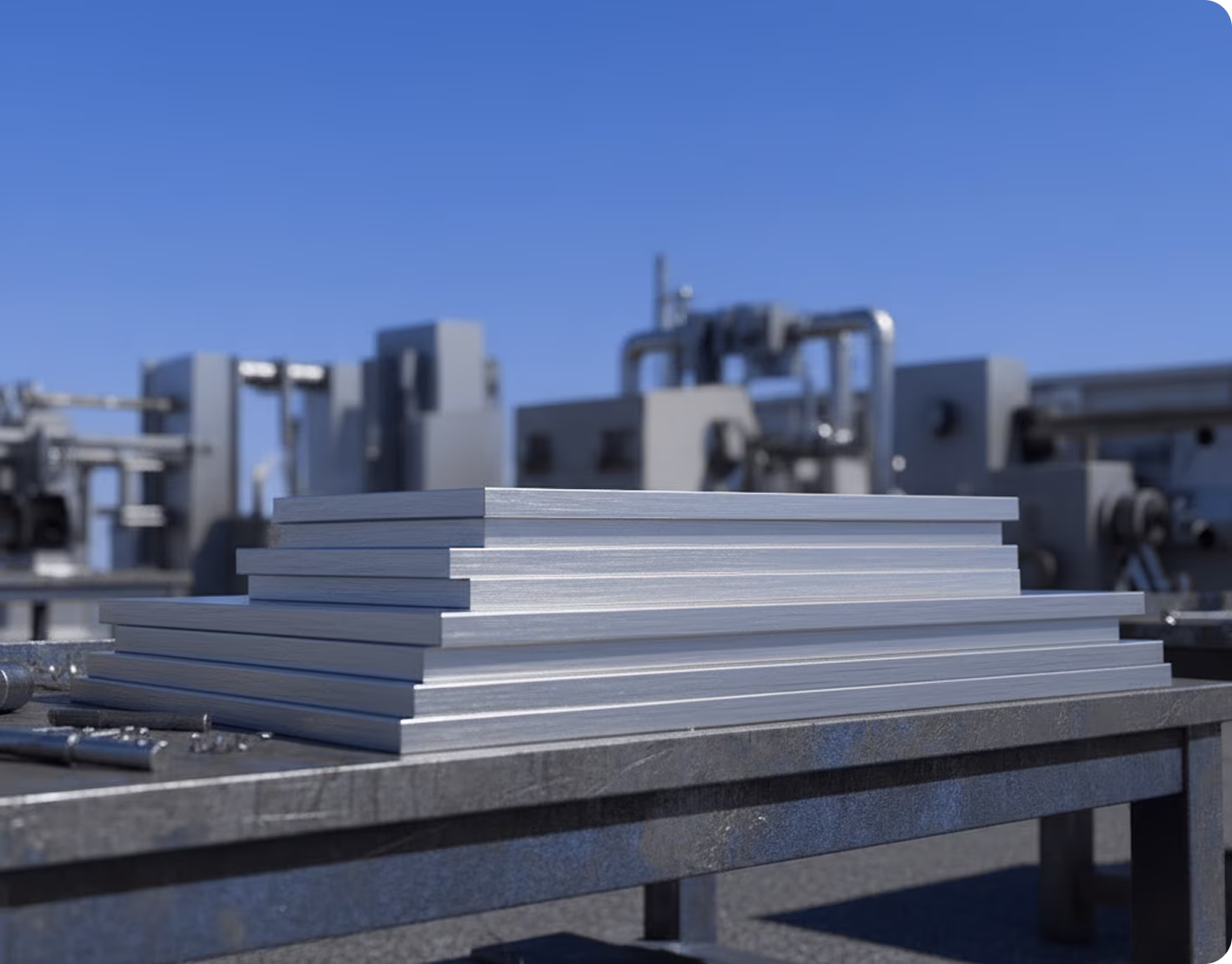 Stack of metal sheets on a workbench in an industrial setting with machinery in the background.