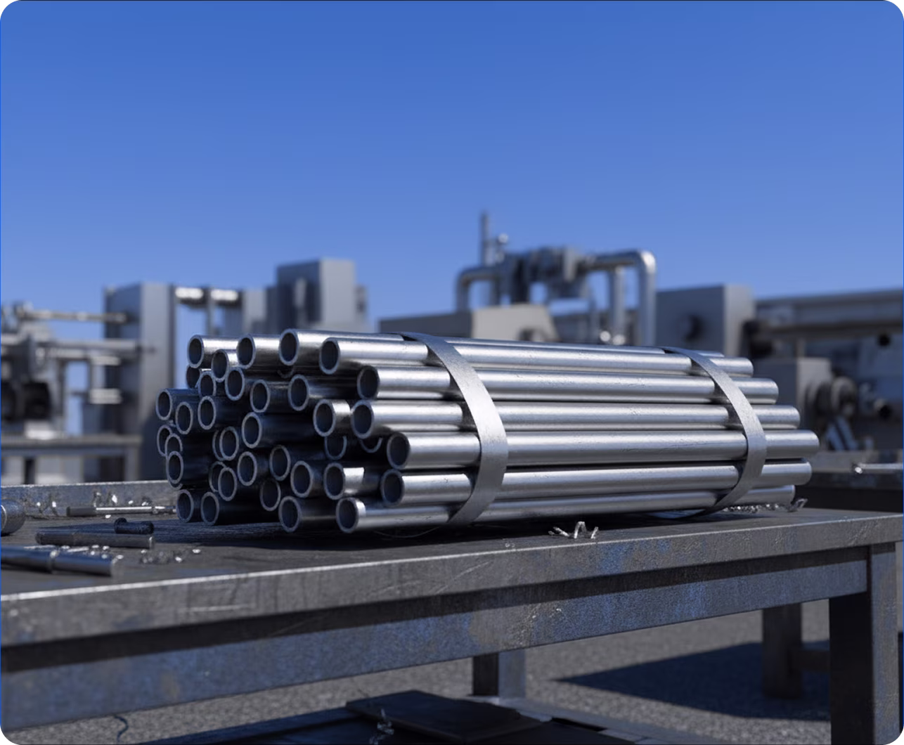 Bundle of silver metal pipes strapped together on a steel table with industrial buildings in the background.