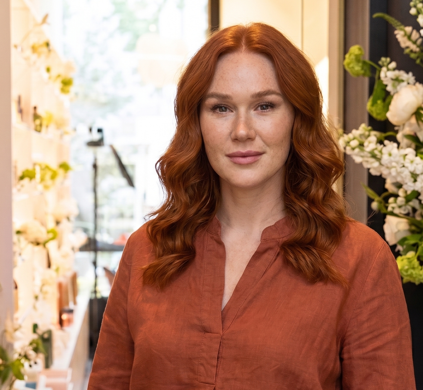 Woman with curly red hair wearing a rust-colored blouse in a softly lit room with flowers around.