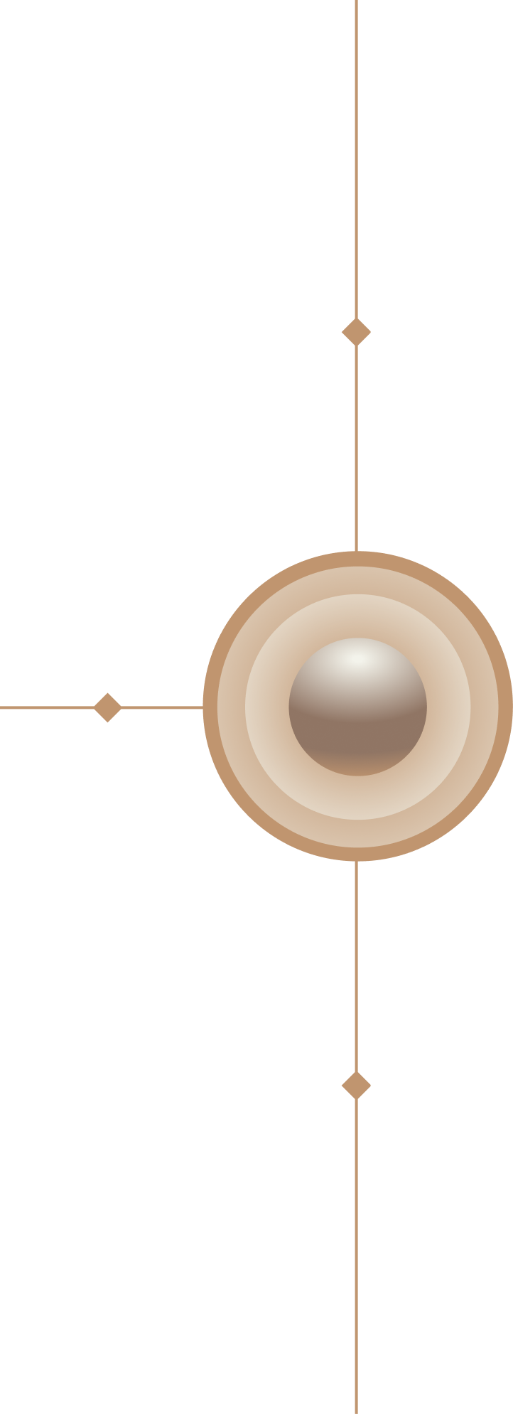 Circular design with concentric beige and brown rings centered around a reflective, shiny sphere connected to vertical and horizontal lines ending in small diamond shapes.