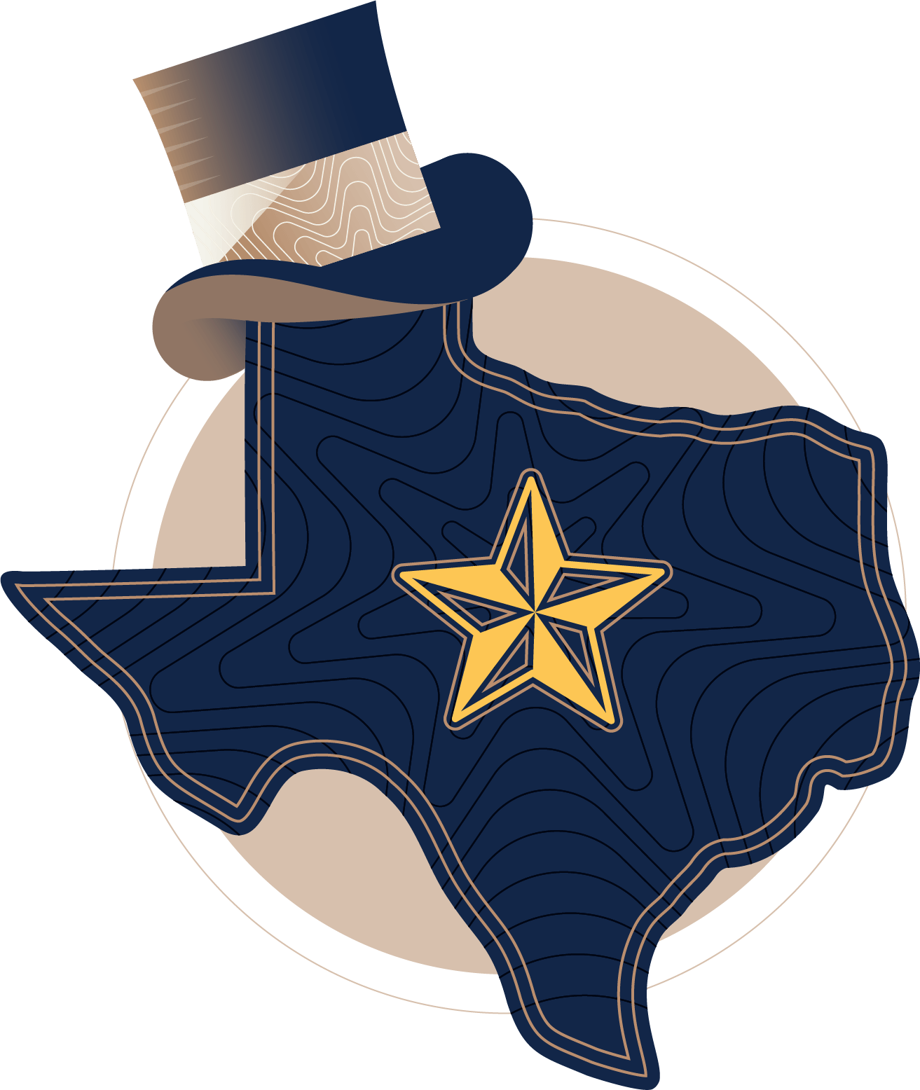 Illustration of the state of Texas in dark blue with topographic contour lines, a large yellow star in the center, and a stylized top hat overlapping the northwestern area.