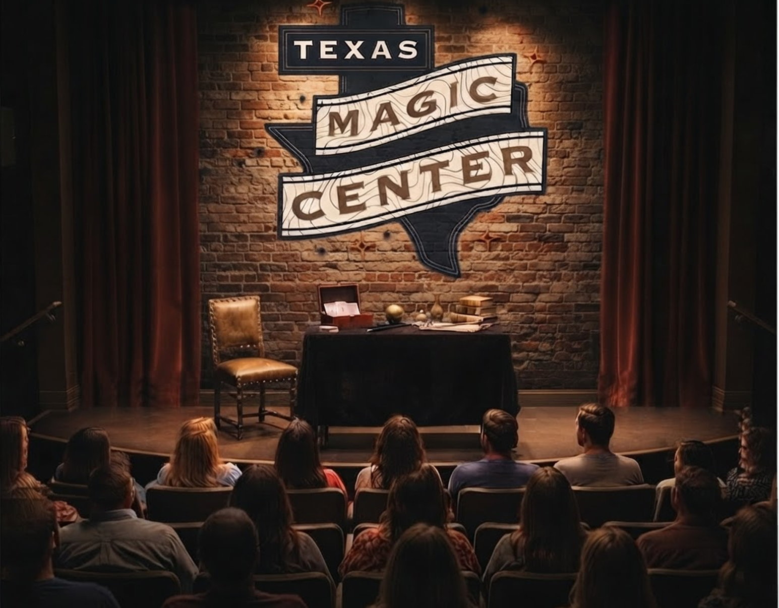 Audience seated facing a small stage with a table holding props and a chair, backdrop features a brick wall with a Texas-shaped sign reading 'Texas Magic Center'.