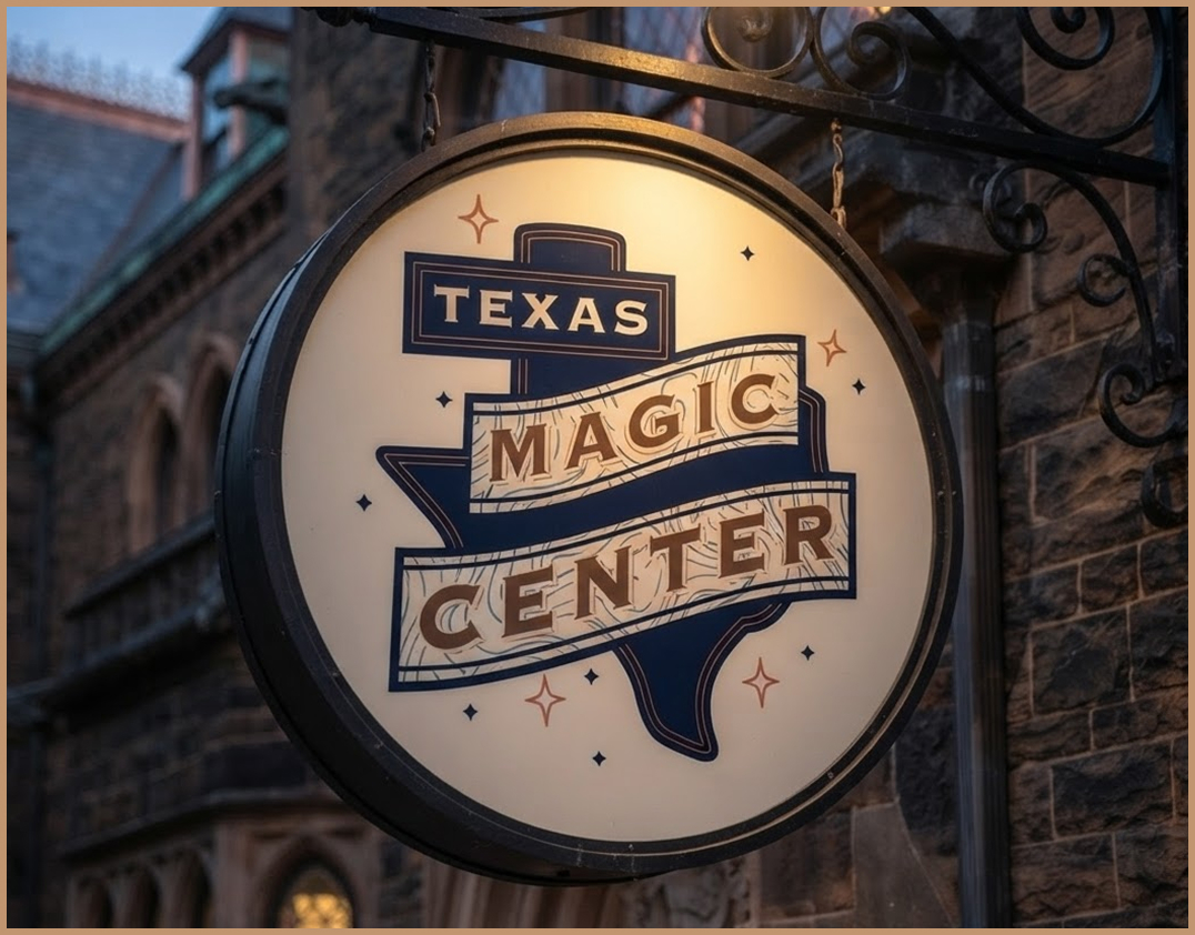Illuminated round sign hanging outside a building that reads Texas Magic Center with a dark Texas state shape in the background and decorative stars around the text.