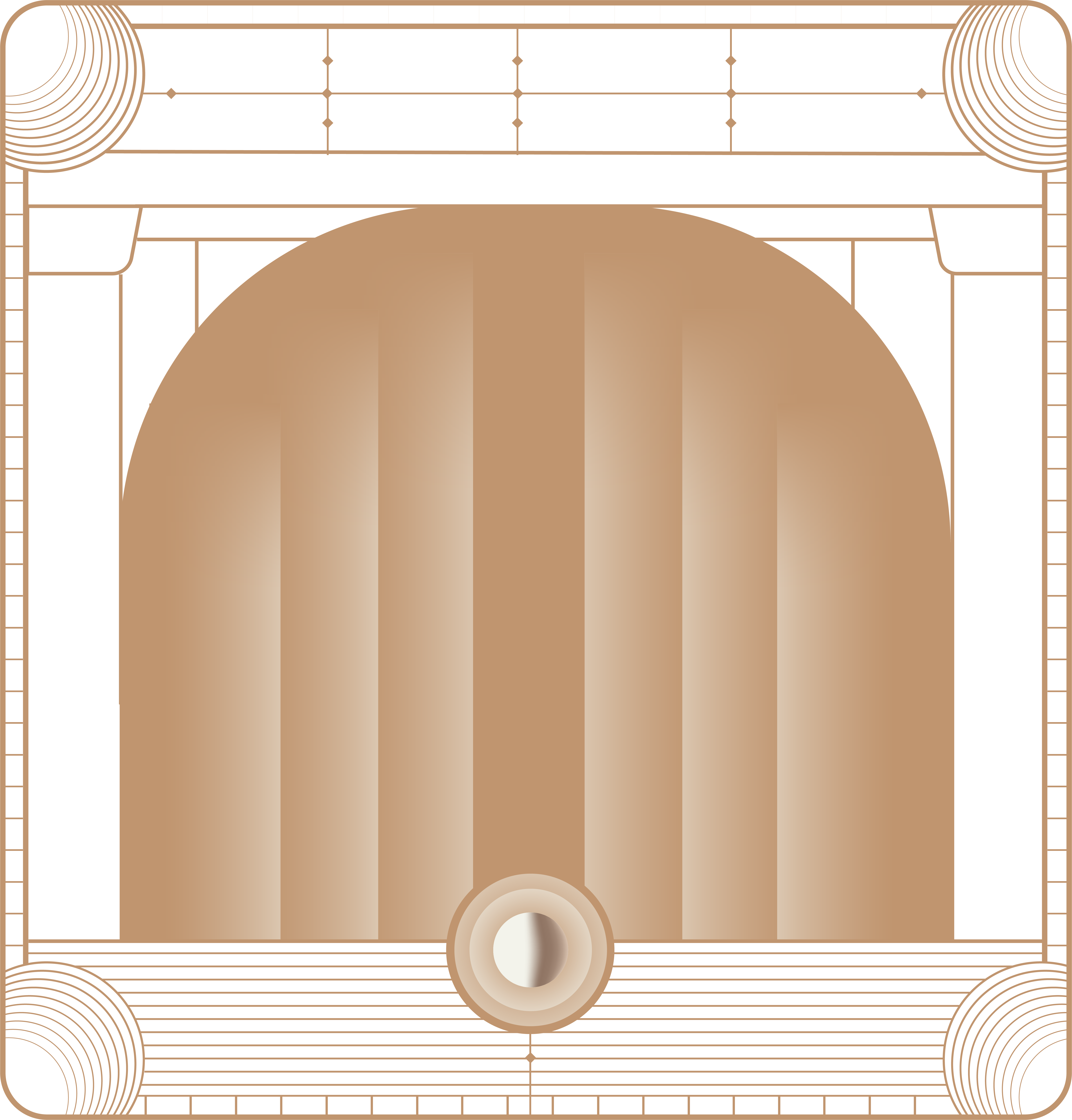 Art deco style design featuring symmetrical geometric lines, a large rounded central arch, and circular corner details in brown and beige tones.