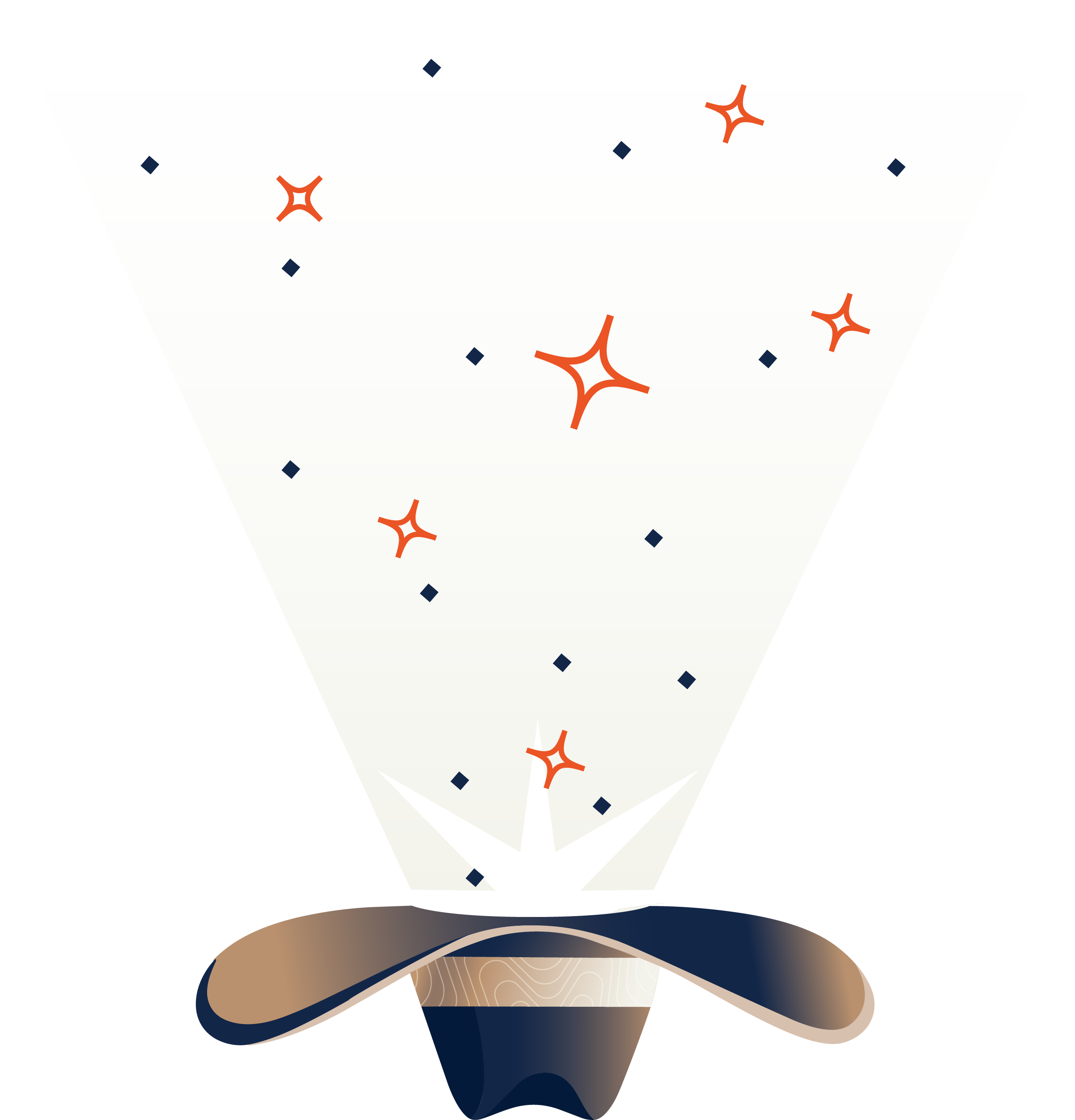 Dark cowboy hat emitting a beam of light with floating orange starbursts and small dark diamond shapes inside the light cone.