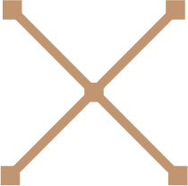 Brown geometric shape with two symmetrical diagonal lines crossing at the center, each ending in a square.