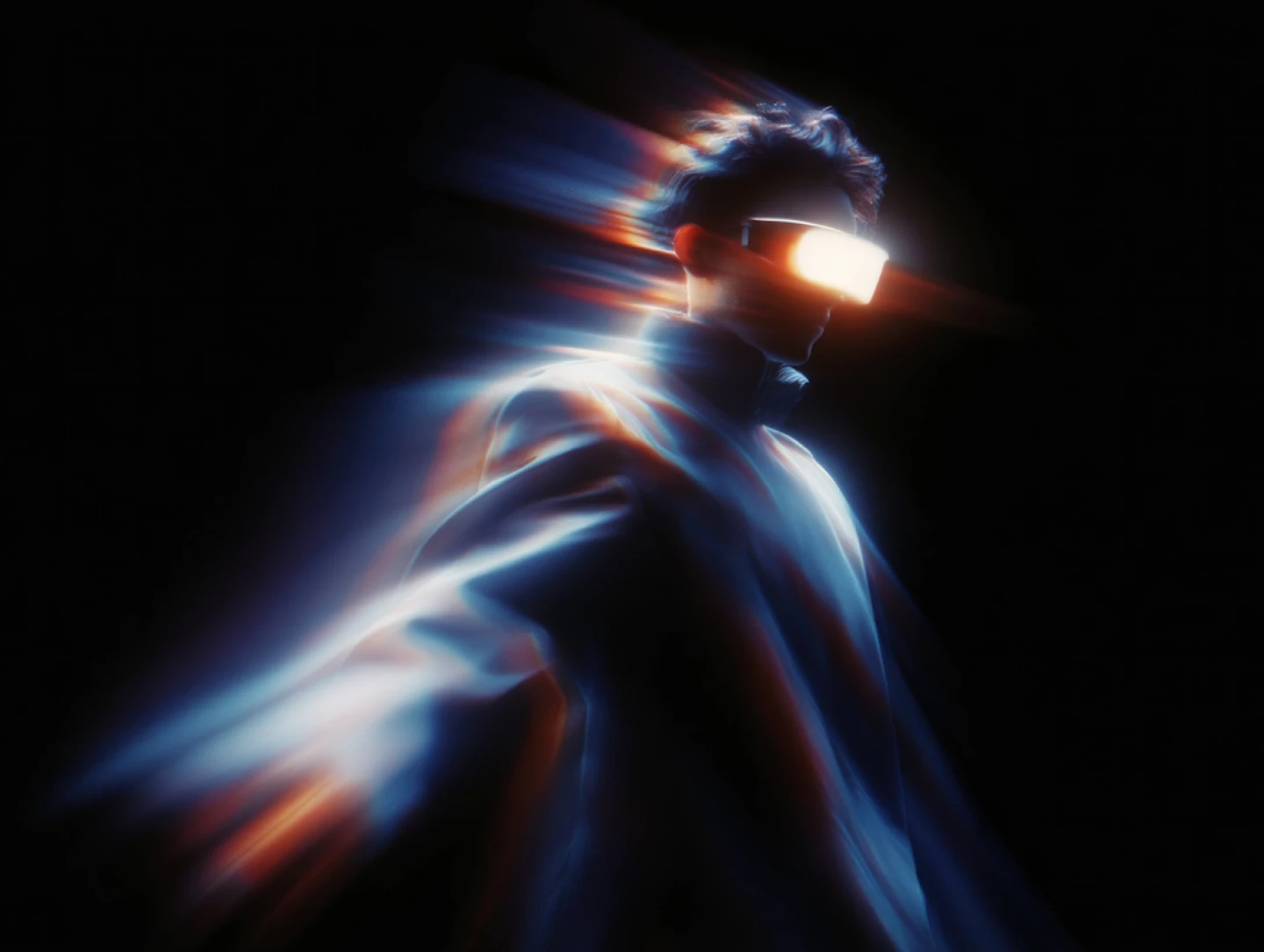 Futuristic figure with motion blur and neon light.