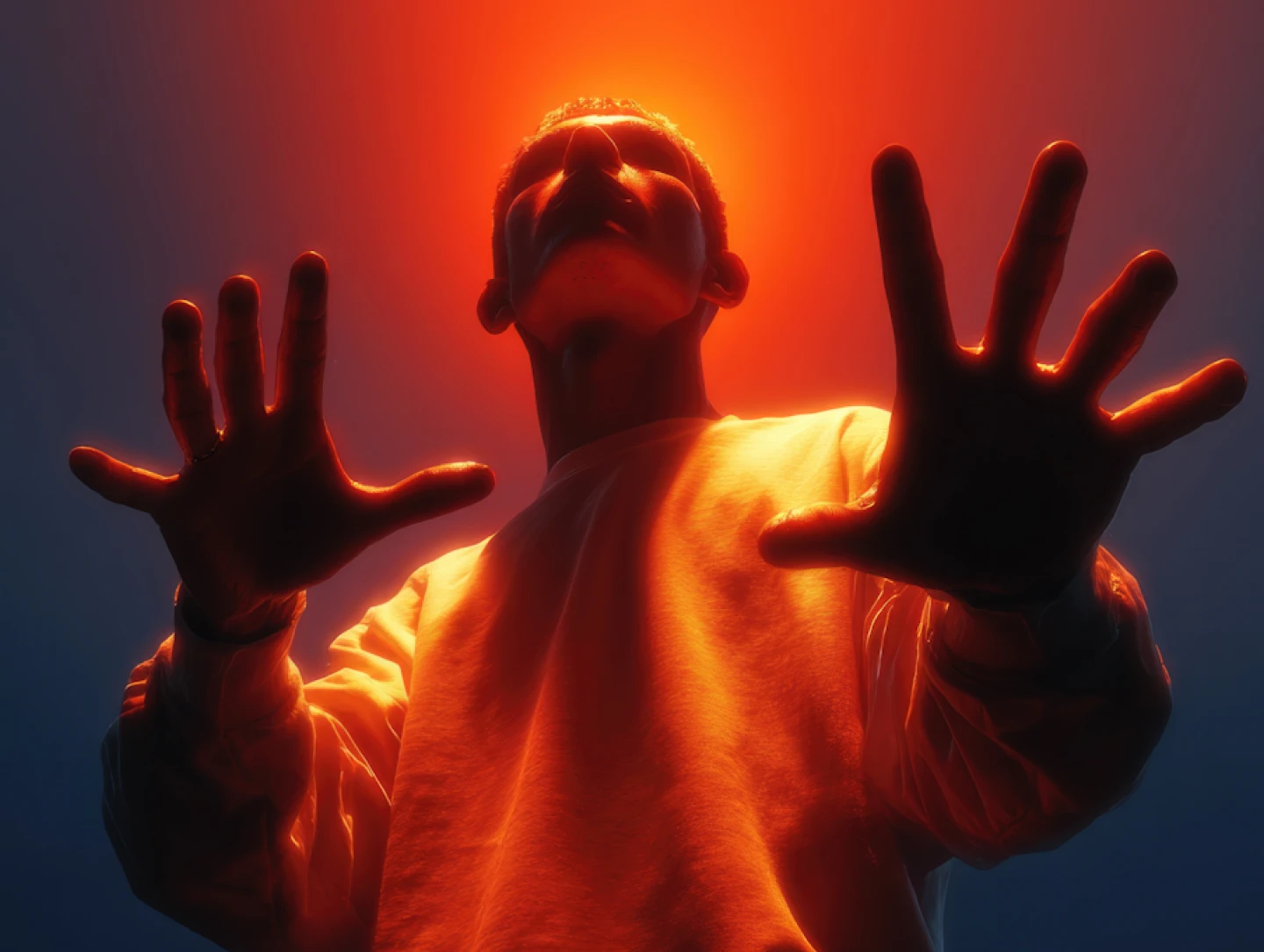 Person reaching forward in dramatic red lighting.