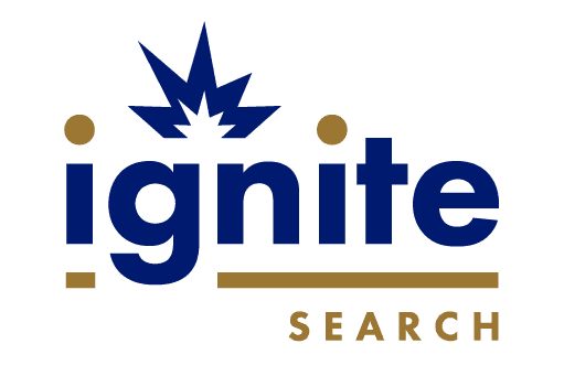 Logo with word 'ignite' in navy blue and a stylized spark shape above the 'i', with the word 'SEARCH' in champagne color underneath.