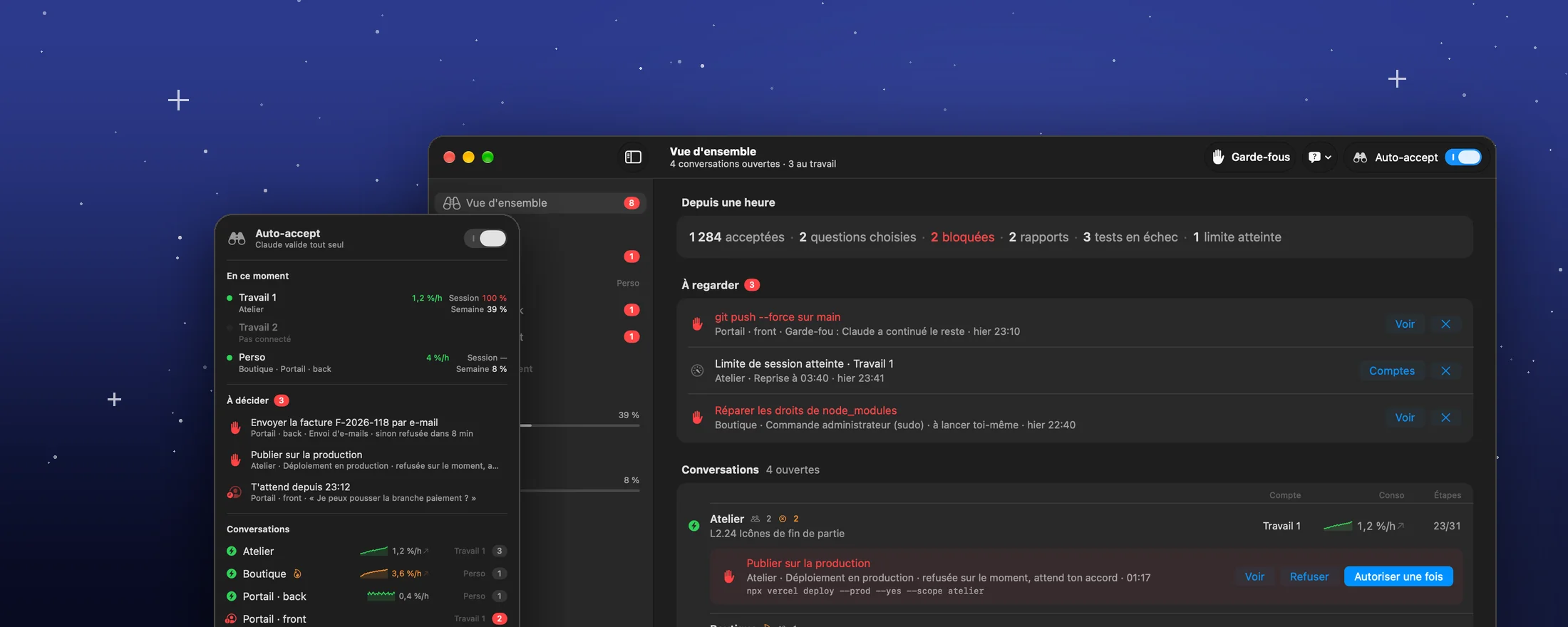 Vigie : la vue d'ensemble et le panneau de la barre des menus