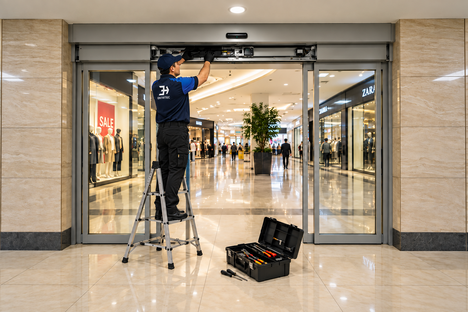 Monteur repareert automatische schuifdeuren in een winkelcentrum