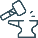Icon of a hammer striking an anvil with sparks flying.