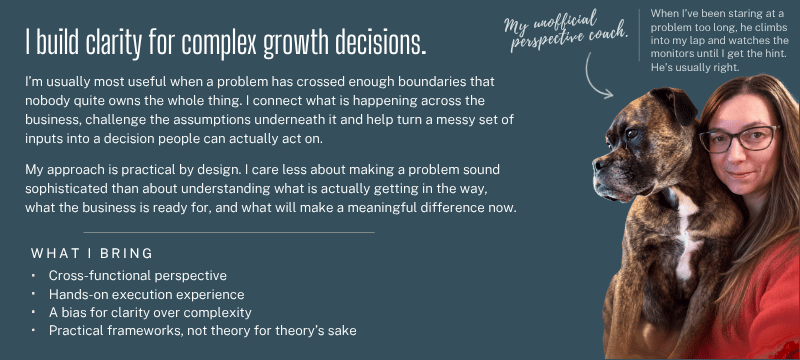 Text on a dark blue background with a woman in glasses and a dog on the right. The text reads: 'I build clarity for complex growth decisions.' It describes her practical approach to problem-solving across business boundaries, emphasizing clarity, execution experience, and practical frameworks. A note says she is an unofficial perspective coach. A smaller text next to the woman and dog says, 'When I've been staring at a problem too long, he climbs into my lap and watches the monitors until I get the hint. He's usually right.'