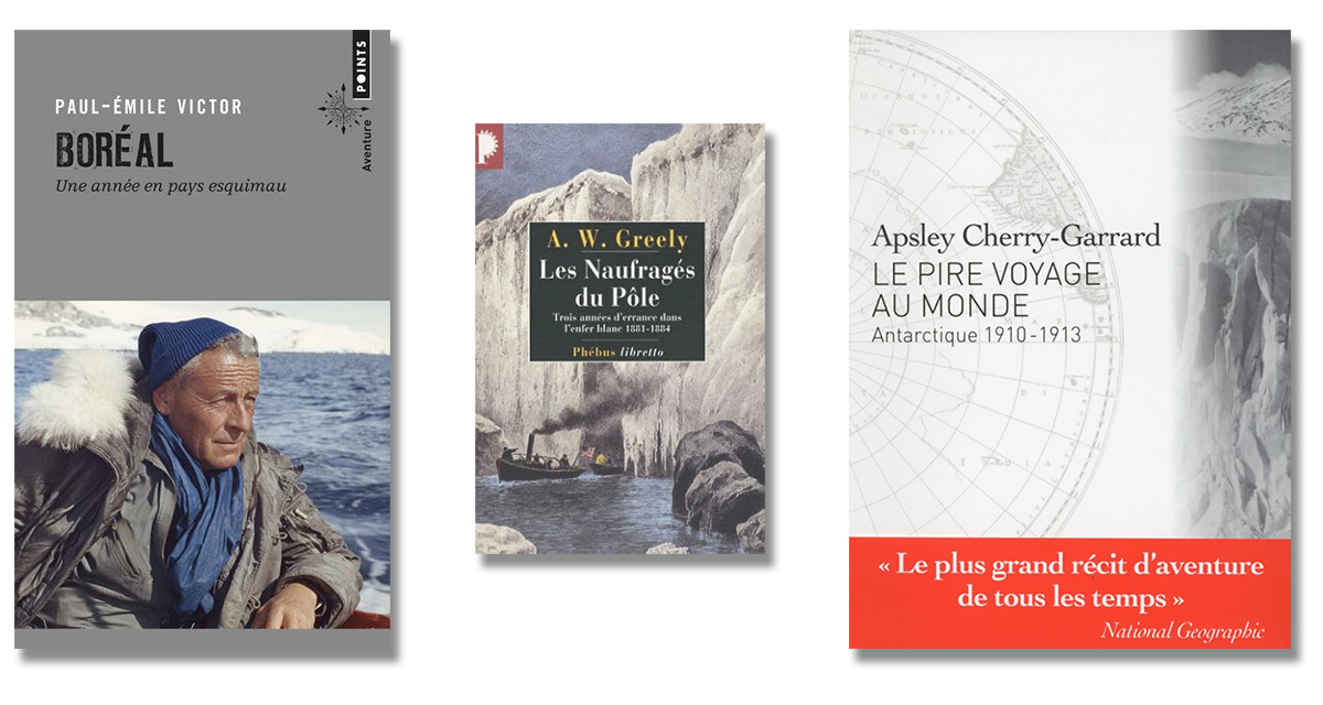 Couvertures de livres d'aventure sur la conquête des Pôles.