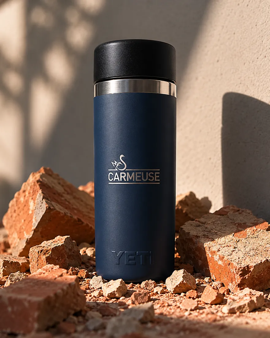Gourde isotherme YETI gravée au nom de la marque Carmeuse