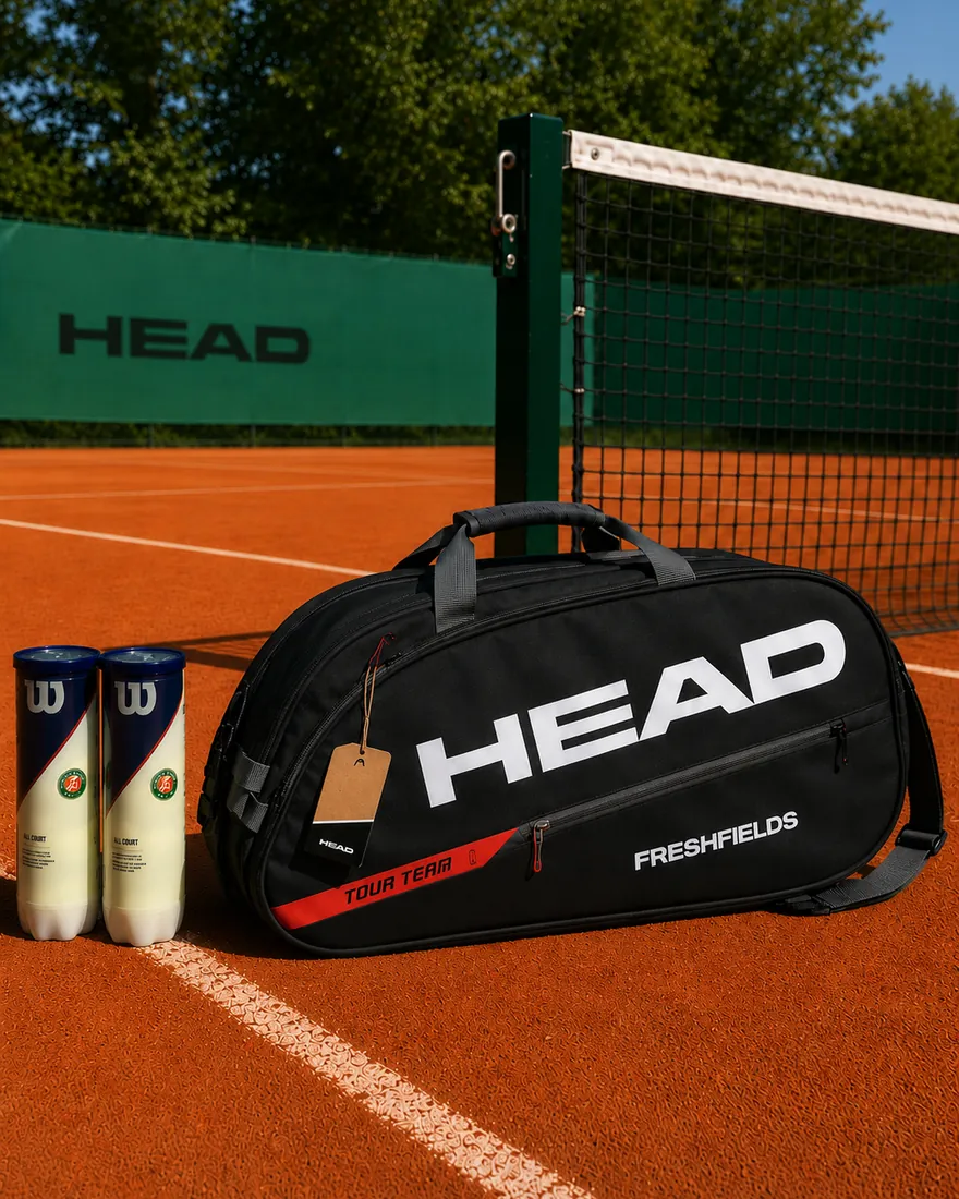 Sac de sport HEAD personnalisé aux couleurs de Freshfields sur un court de tennis