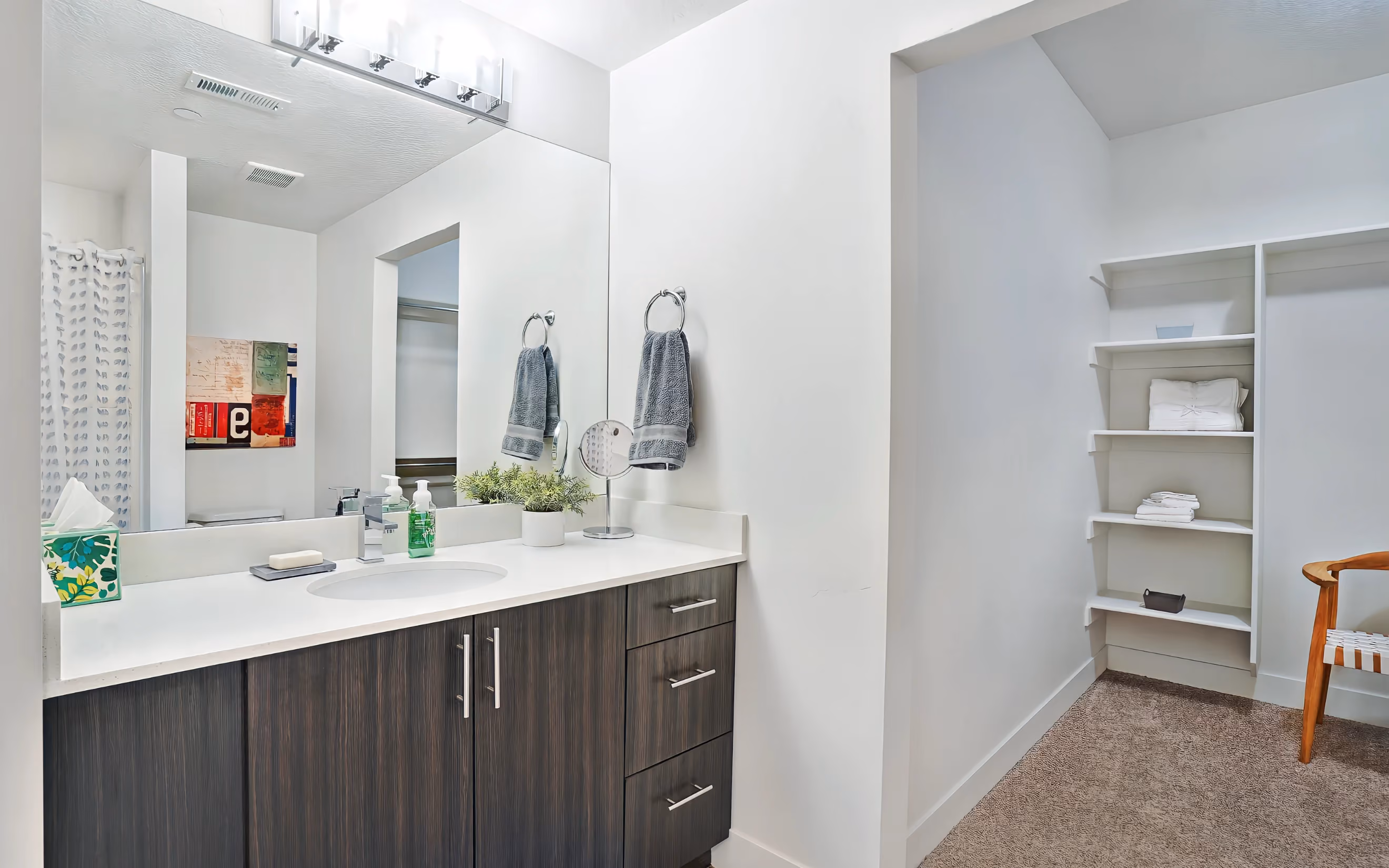 Bathroom with one sink, dark cabinets and walk in closet