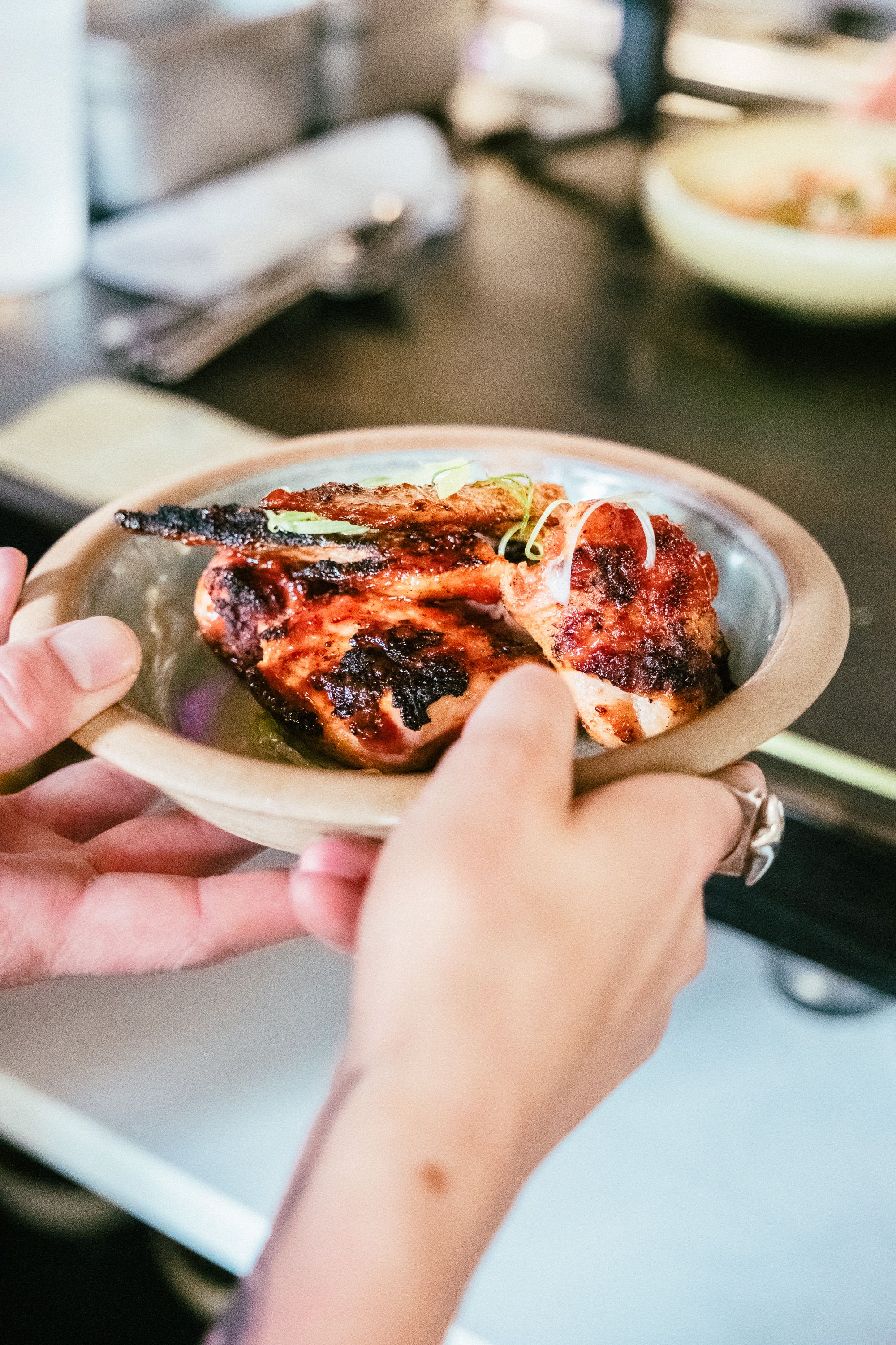 Person holding plate with chicken stock image