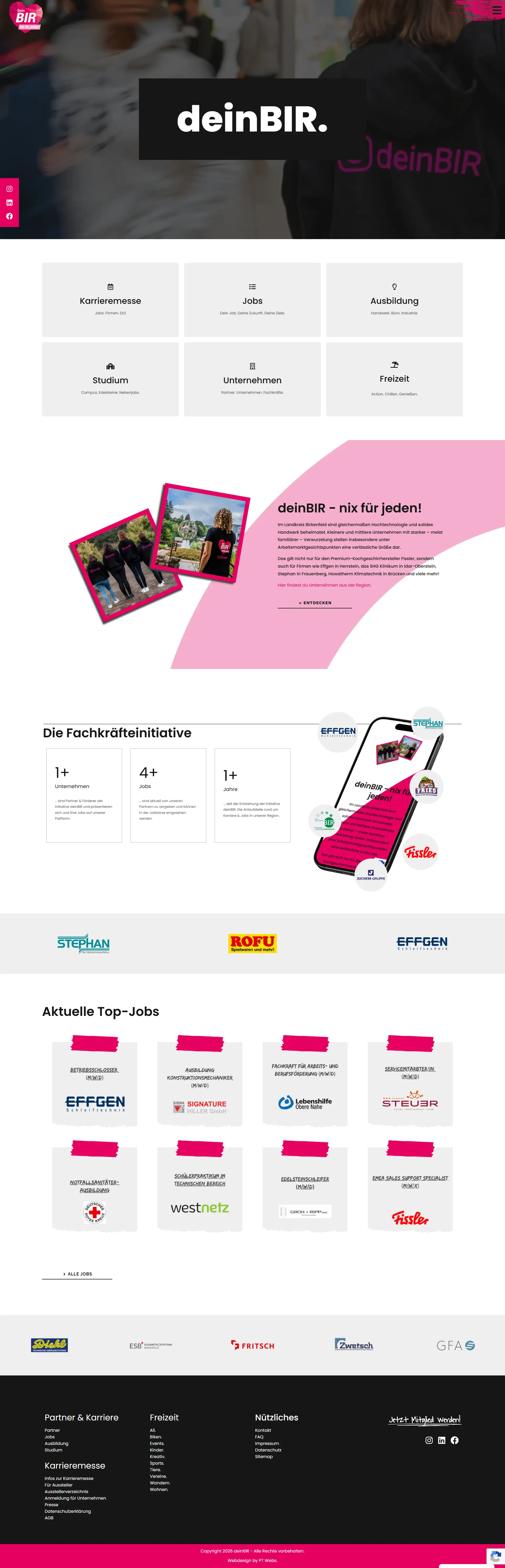 deinBIR Website Startseite mit Karriere, Jobs, Ausbildung und Unternehmensinfos in einer Übersicht.