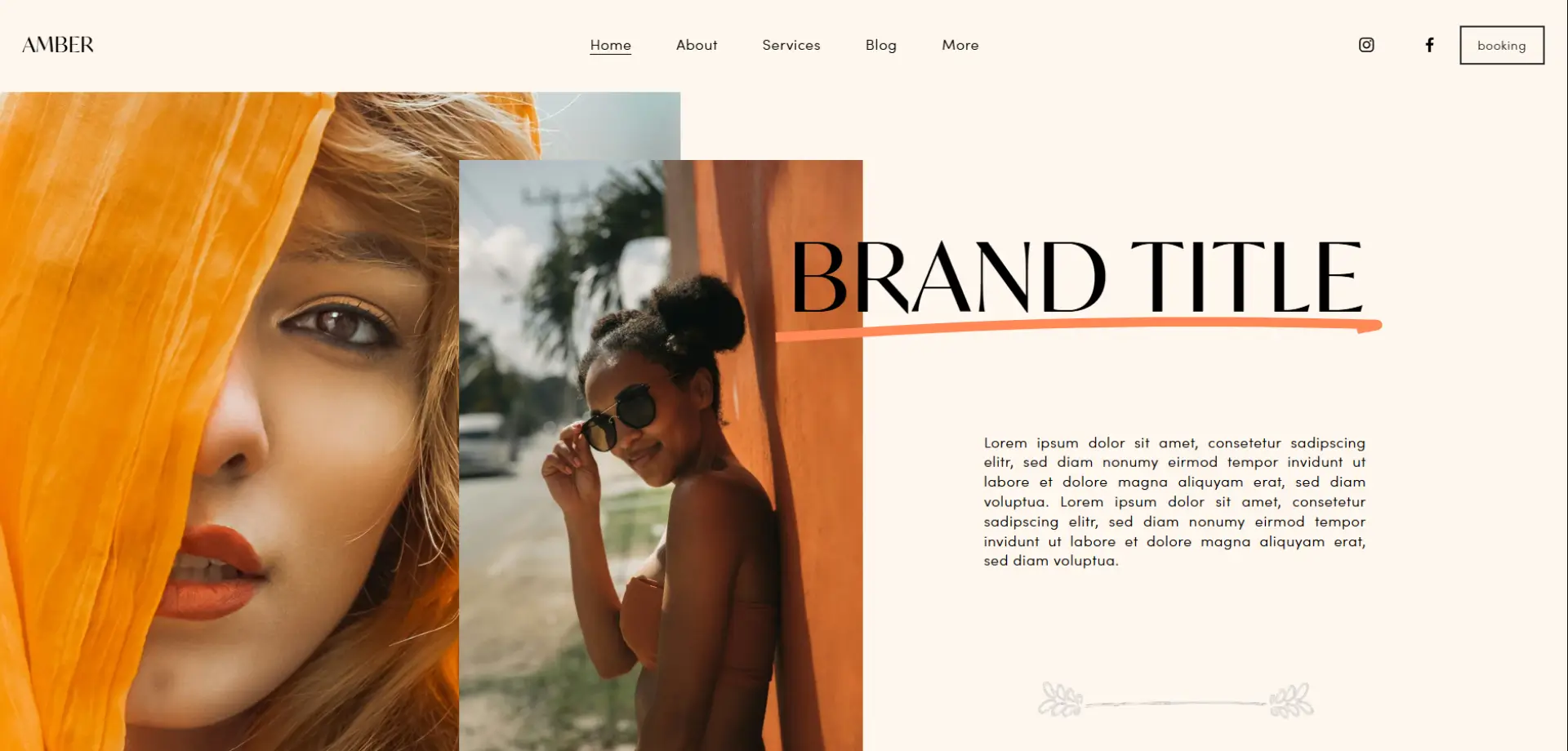 Screenshot einer Website: Zwei Frauen, eine nah mit orangefarbener Gardine, andere mit Sonnenbrille vor orangefarbener Wand. Es handelt sich um ein Squarespace Template.