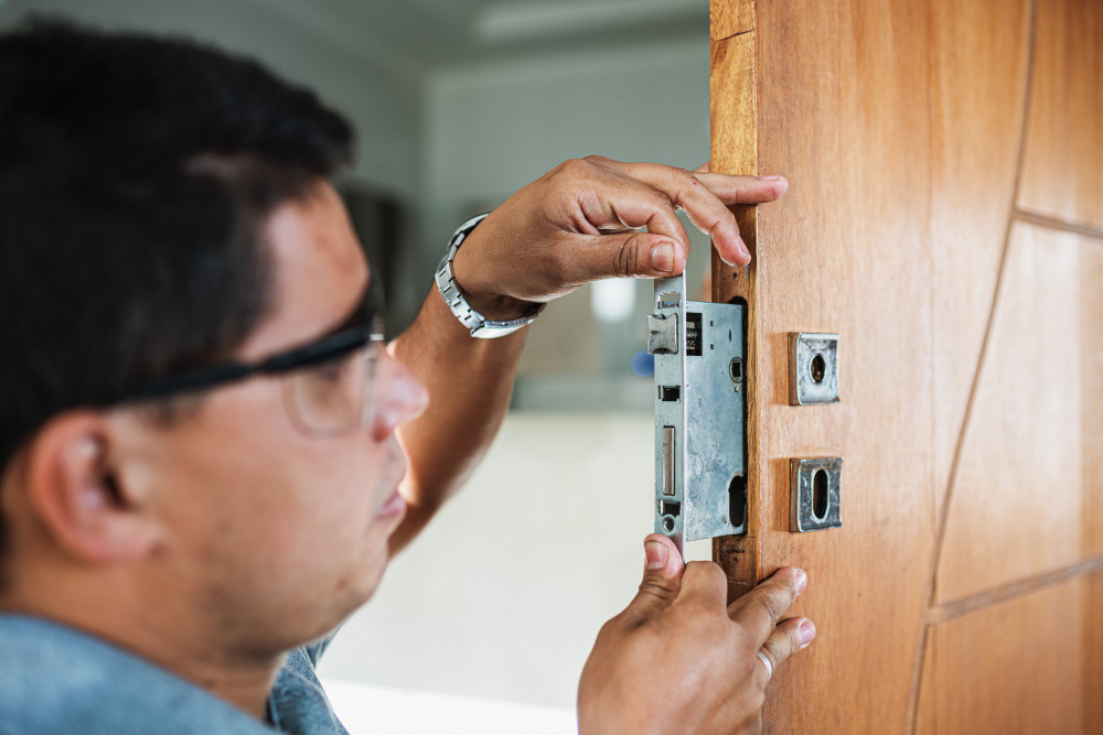 Locksmith using a set of lock picks on a wooden door, with two people watching in background.