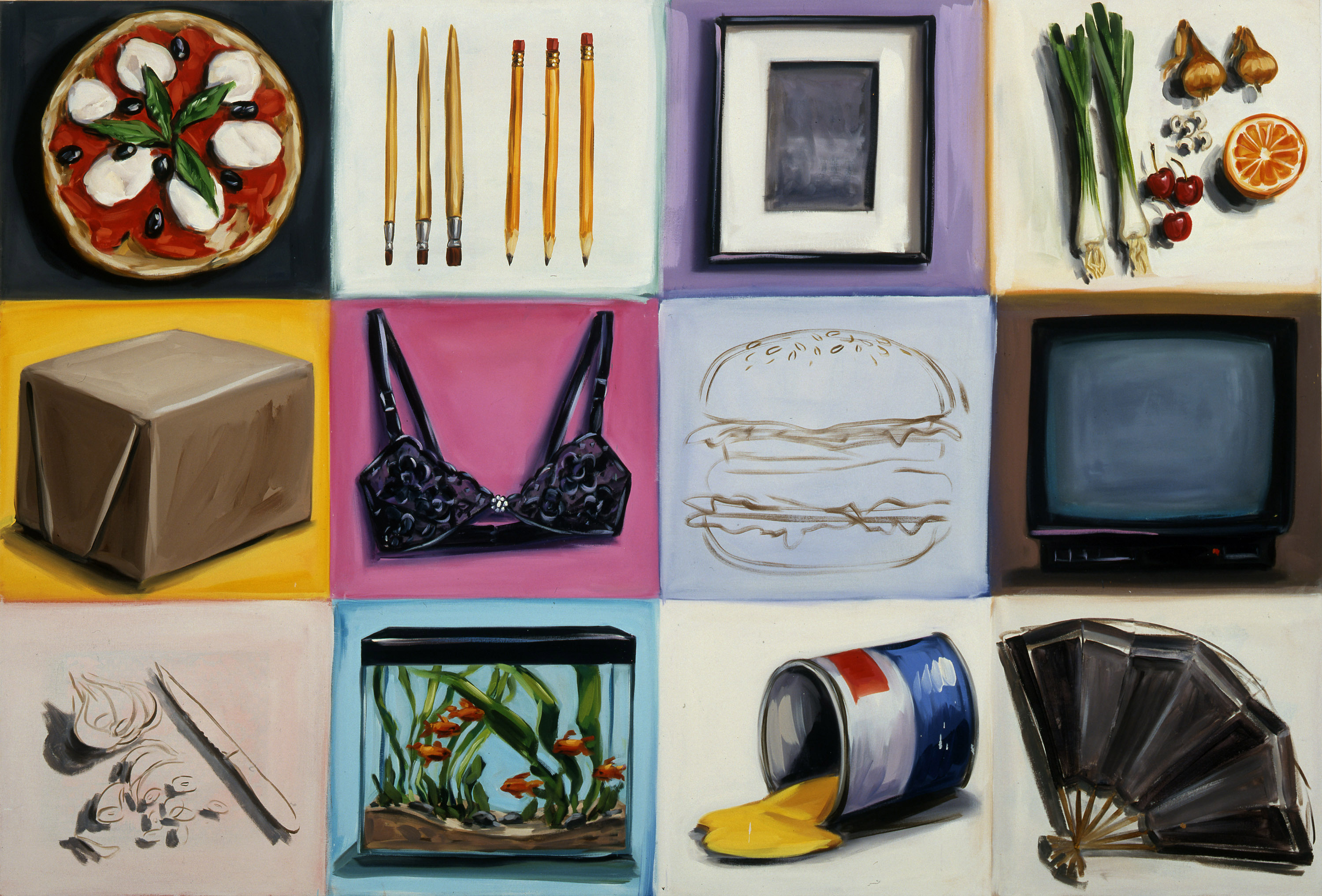 Painting divided into twelve colorful squares showing various objects: a pizza with olives and basil, three paintbrushes and three pencils, a framed abstract picture, green onions with cherries, an orange slice and garlic, a brown wrapped package, a black lace bra, a sketch of a sandwich, an old TV, garlic and a knife sketch, a fish tank with orange fish and plants, a spilled paint can, and a black folding fan.