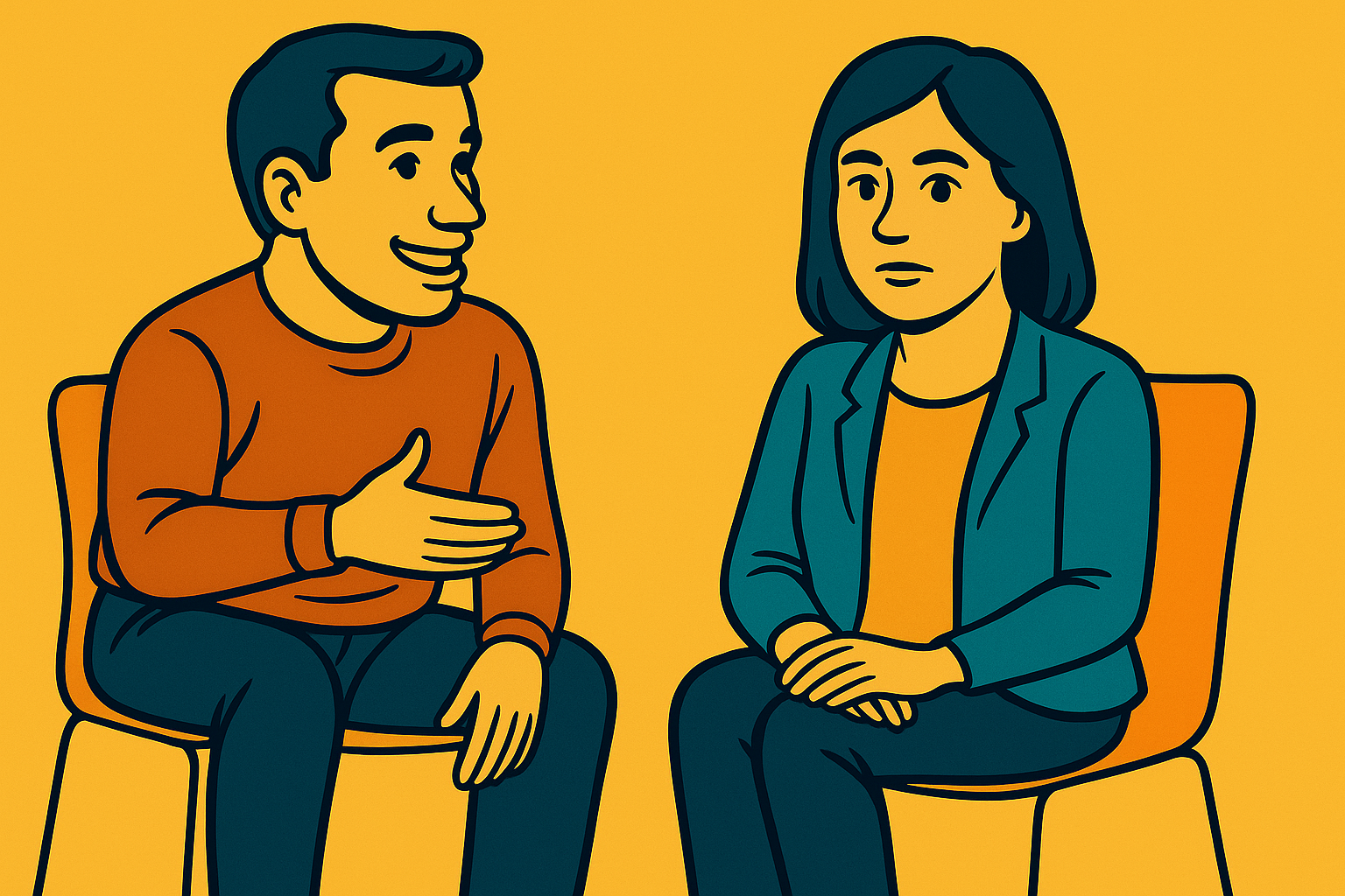 Illustration of two people in conversation without mutual eye contact
