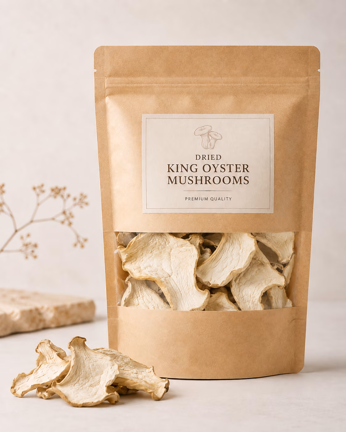 Brown resealable bag of dried king oyster mushrooms with some mushrooms outside the bag.