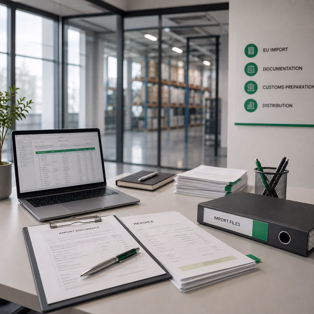 Desk with import documents, invoice, laptop, files, and pens in a warehouse office setting.