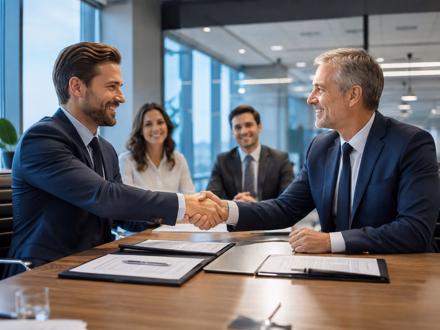 Two businessmen smiling and shaking hands across a table with documents, two colleagues watching.